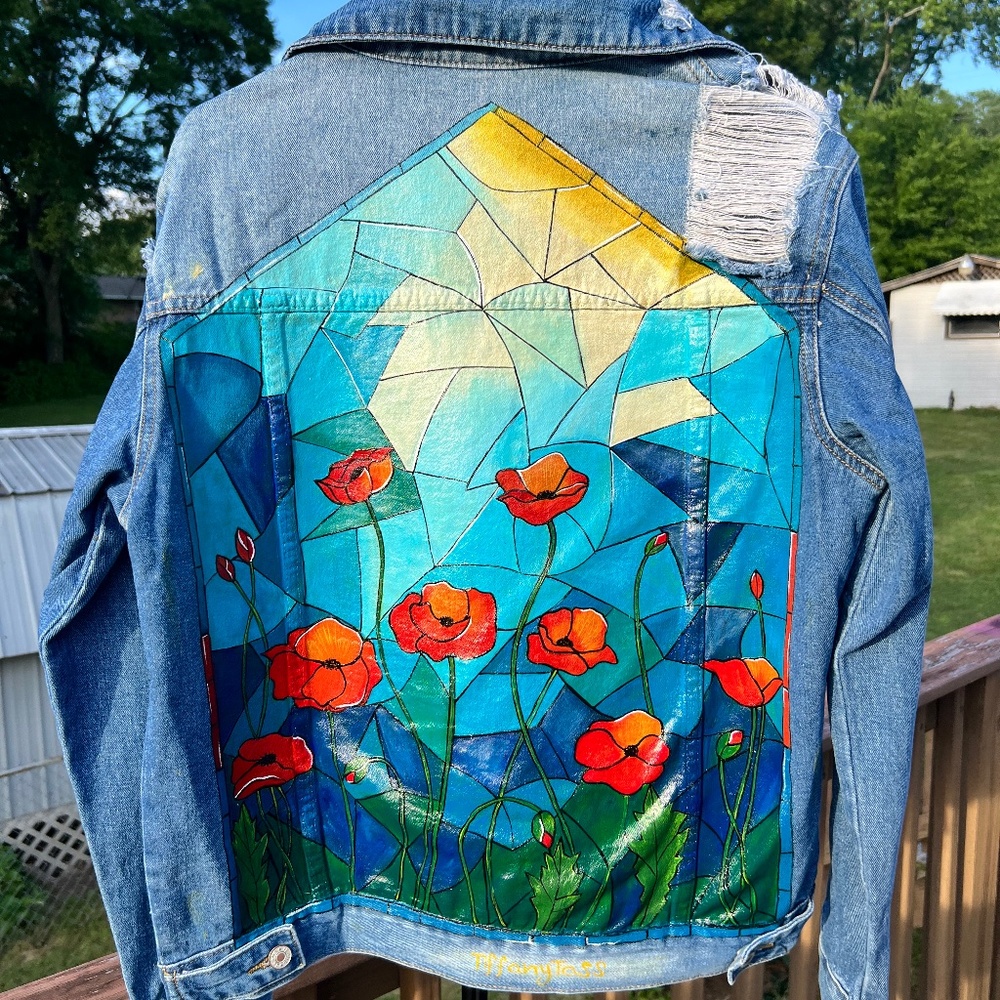 Oversized Denim Jacket, Poppy Stained Glads Window Jean Jacket, Painted Jacket